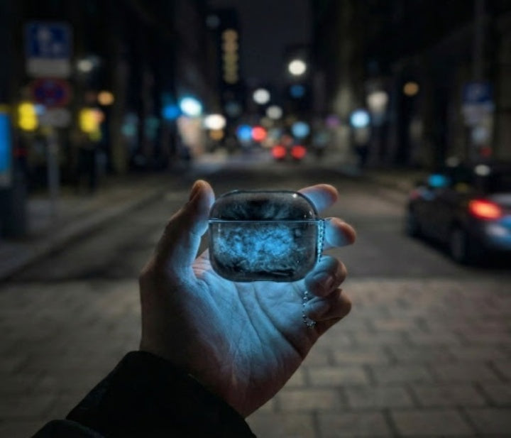 Glow-in-the-dark AirPods case in a dark setting